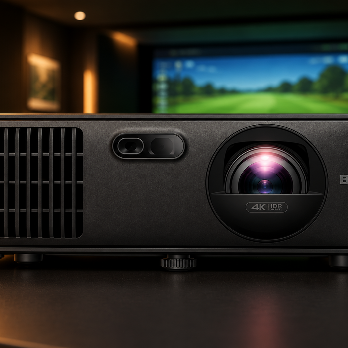 BenQ AK700ST 4K short throw laser projector in a home golf simulator room