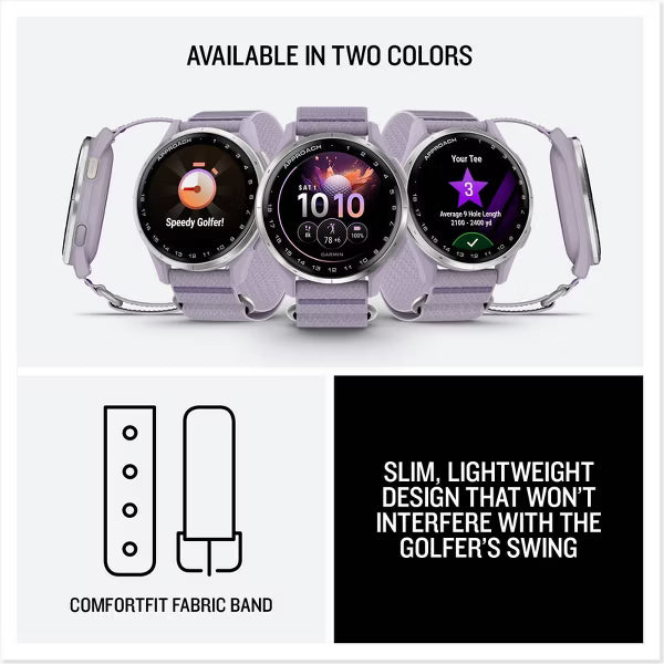Garmin Approach J1, Silver Aluminum Bezel with Lilac ComfortFit Fabric Band
