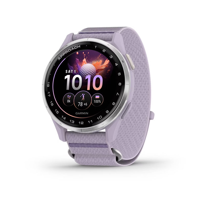 Garmin Approach J1, Silver Aluminum Bezel with Lilac ComfortFit Fabric Band