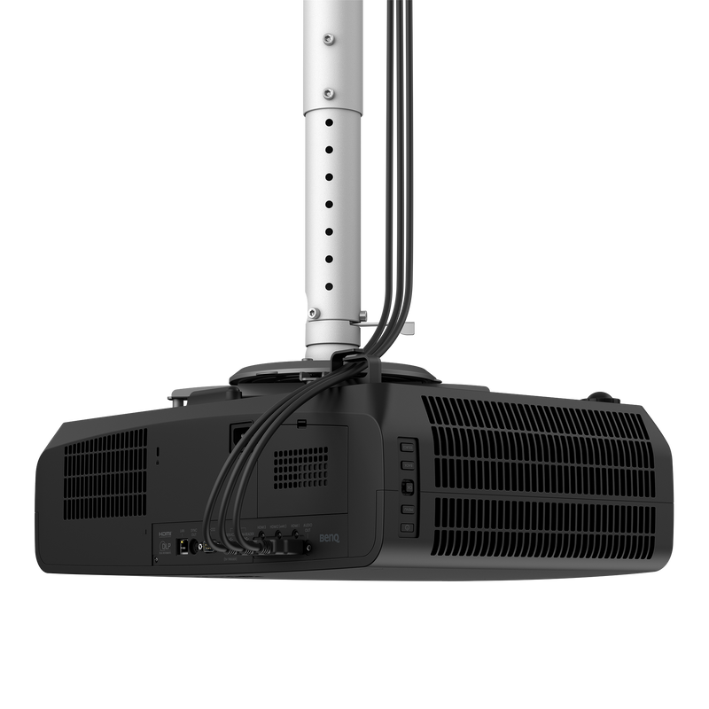 BenQ AK900ST golf simulator projector, rear angle view with cables connected