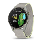 Garmin Approach S72 47 mm golf GPS smartwatch, silver and citron titanium bezel with fog gray fabric band