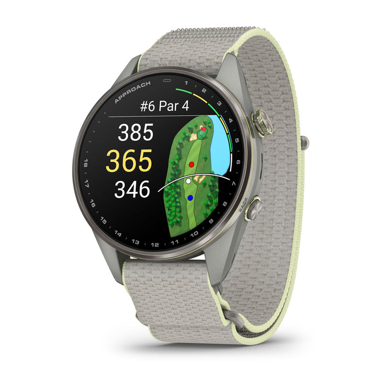 Garmin Approach S72 47 mm golf GPS smartwatch, silver and citron titanium bezel with fog gray fabric band