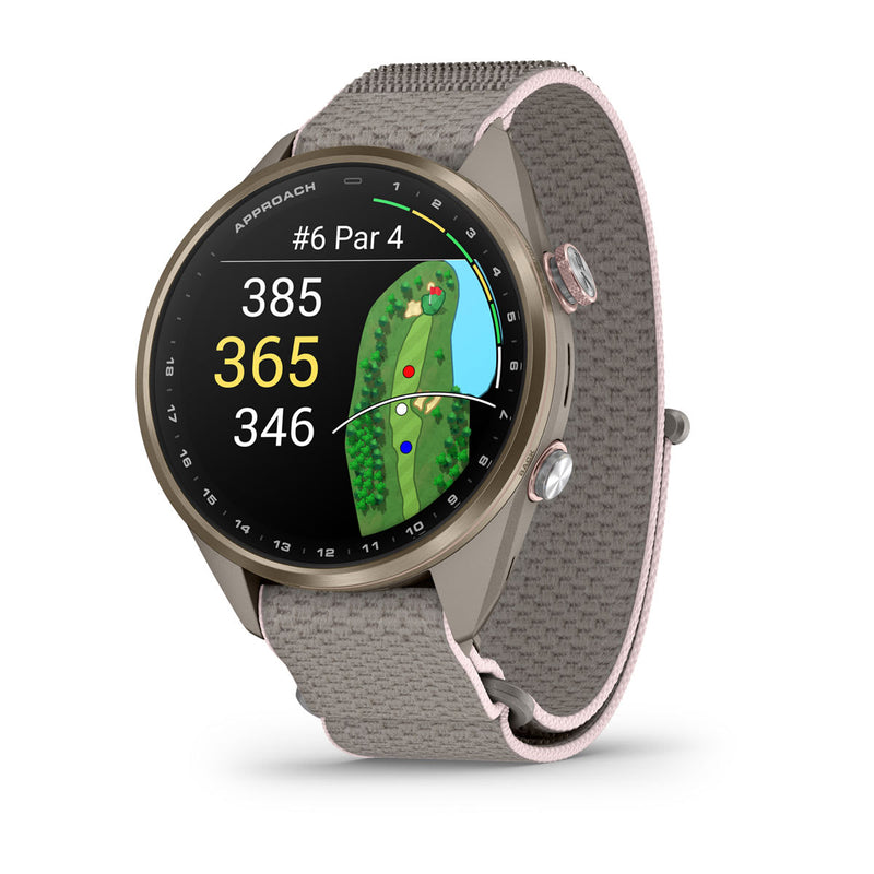 Garmin Approach S72 43 mm golf GPS smartwatch, soft gold and blush pink titanium bezel with French gray fabric band